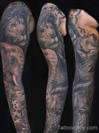 Lion And Elephant Tattoo On Full Sleeve-TB12240