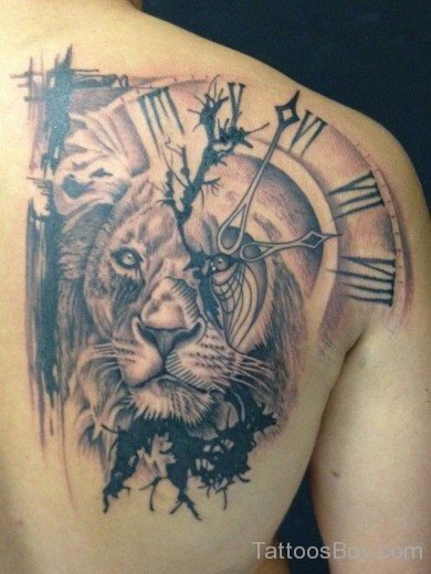 Lion Face And Clock Tattoo  On Back-Tb12118