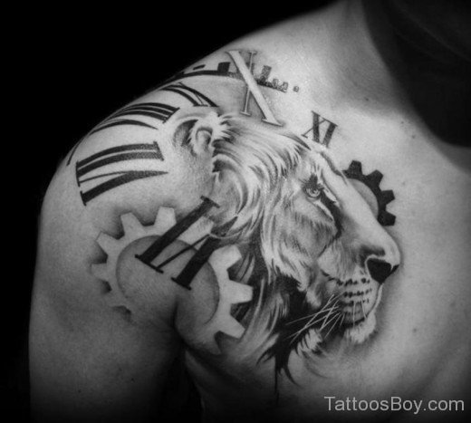 Lion Face And Clock Tattoo On Chest-Tb12119