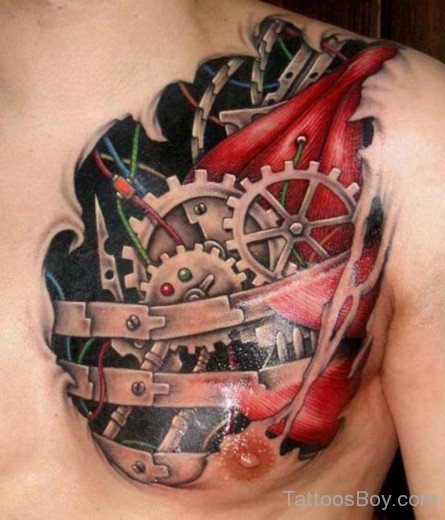 Nice Biomechanical Tattoo On Chest-Tb1275