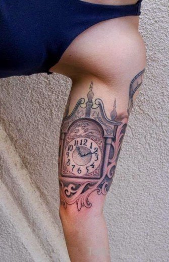 Old Clock Tattoo On Bicep-TB12100