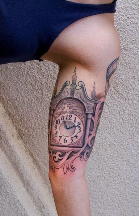 Old Clock Tattoo On Bicep