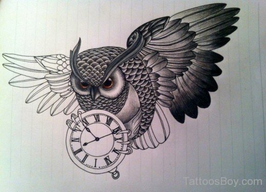 Owl And Clock Tattoo Design-TB12102