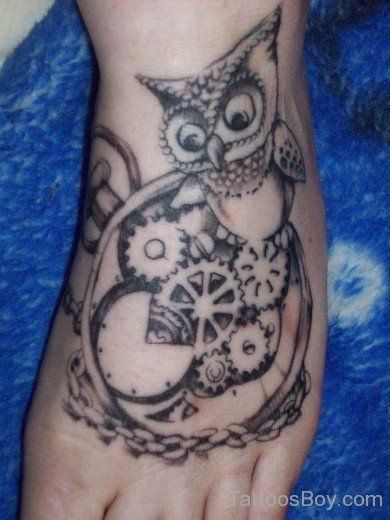 Owl And Clock Tattoo On Foot-TB12103