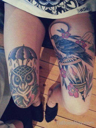 Owl And Crow Tattoo On Thigh-TB1117