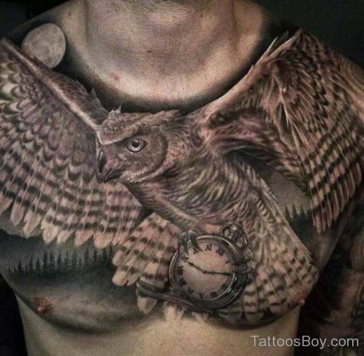 Owl With Clock Tattoo On Chest-Tb12126