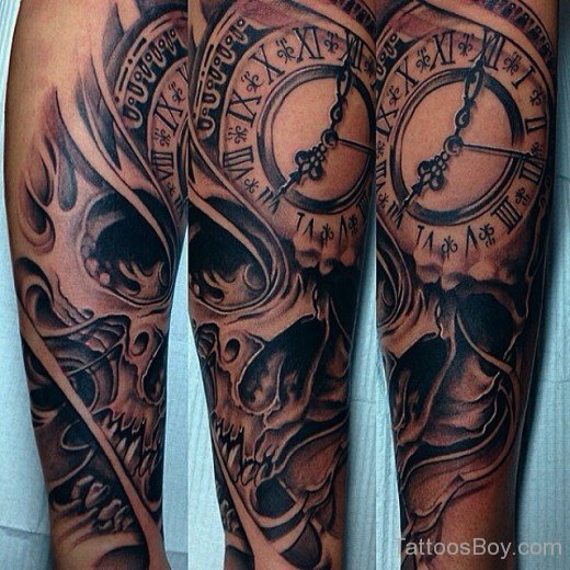Perfect Skull And Clock Tattoo On Half Sleeve-TB12109