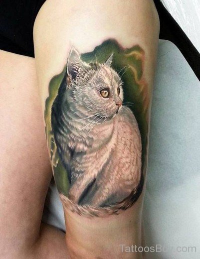 Realistic Cat Tattoo On Thigh-TB12112