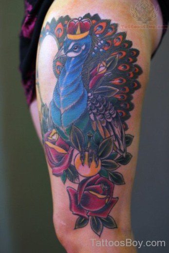 Red Roses And Crown Peacock Tattoo--TB143