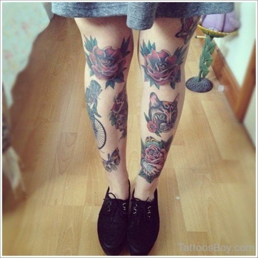 Rose And Cat Tattoo On Leg-TB12113