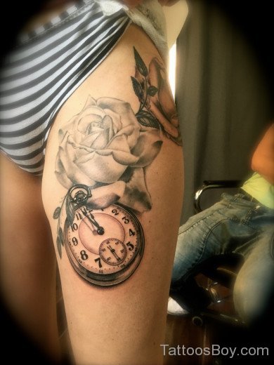 Rose And Clock Tattoo Design On Thigh-TB12124