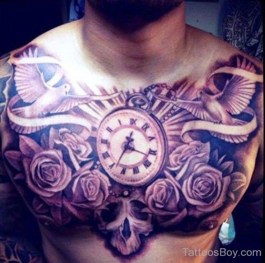 Rose And Clock Tattoo On Chest-Tb12140