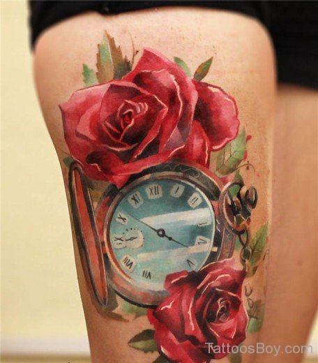 Rose And Clock Tattoo On Thigh-TB12125