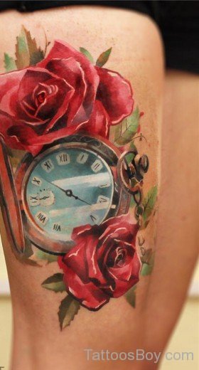 Rose And Clock Tattoo On Thigh-Tb12142