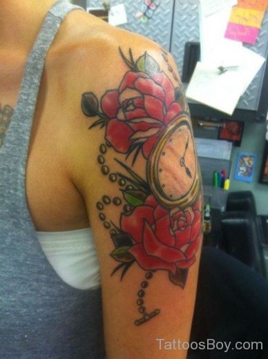 Rose Flower And Clock Tattoo On Shoulder-Tb12147