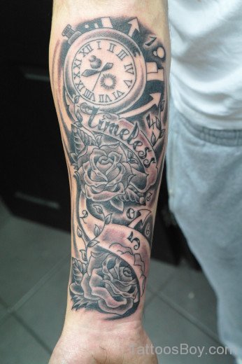 Rose Flower And Clock Tattoo  On Wrist-TB12127