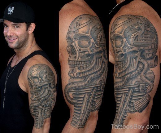 Skull And Biomechanical Tattoo On Half Sleeve-Tb1280