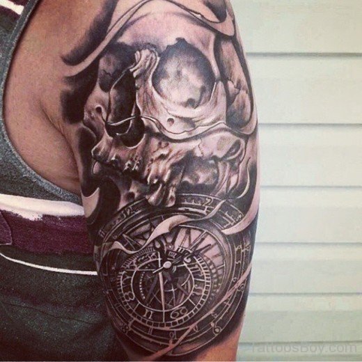 Skull And Clock Tattoo Design On Half Sleeve-TB12132