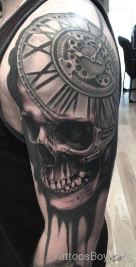 Skull And Clock Tattoo Design On Half Sleeve-Tb12153