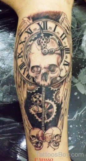 Skull And Clock Tattoo On Bicep-TB12133