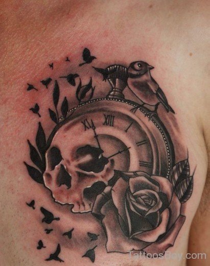 Skull And Clock Tattoo On Chest-Tb12156