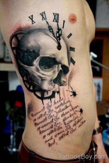 Skull And Clock Tattoo On Rib-Tb12157
