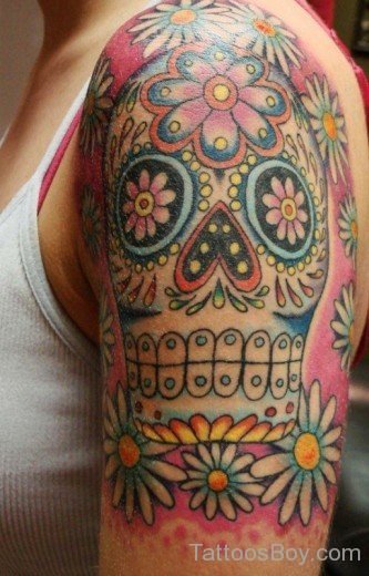 Skull And Daisy Flower Tattoo On Half Sleeve-TB1103