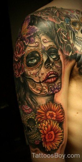 Skull And Flower Tattoo On Shoulder-TB1084