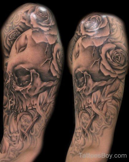 Skull And Rose Tattoo On Half Sleeve-TB12283