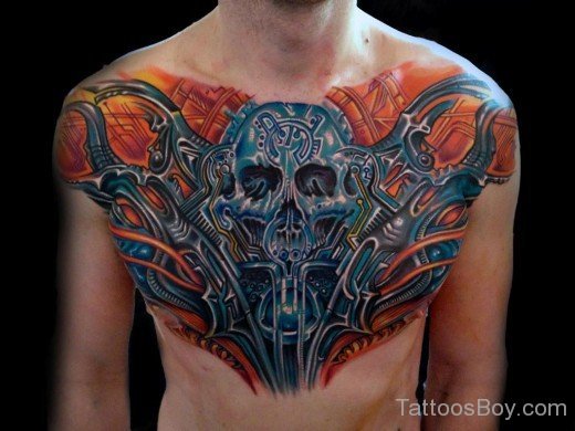 Skulled Biomechanical Tattoo On Chest-Tb1282