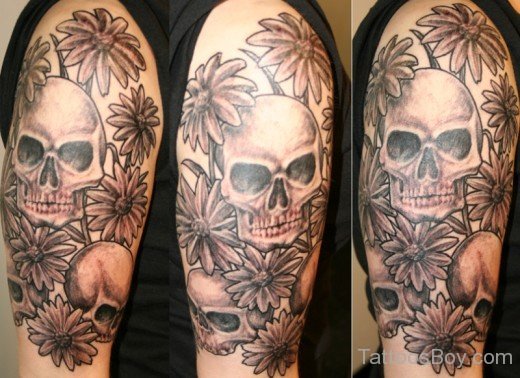 Skulls And Daisy Flower Tattoo On Half Sleeve-TB1108