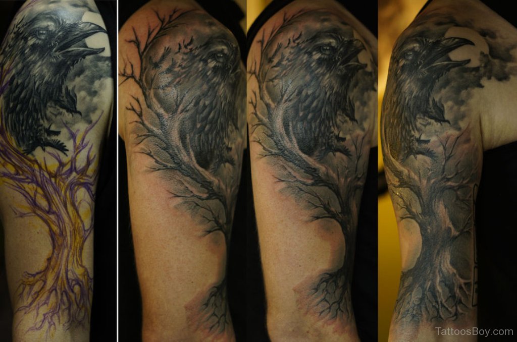 Tree And Crow Tattoo On Shoulder | Tattoo Designs, Tattoo Pictures