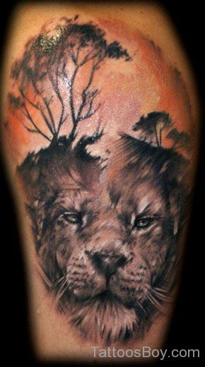 Tree And Lion Tattoo On Shoulder-TB1089
