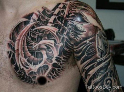 Tribal Biomechanical Tattoo On Chest-Tb1287