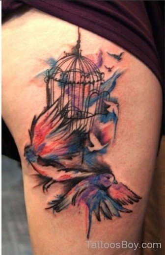 Water Color Cage Tattoo On Thigh-TB12111