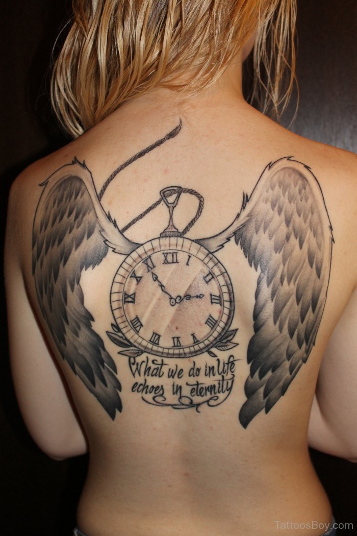 Wings And Clock Tattoo on Back