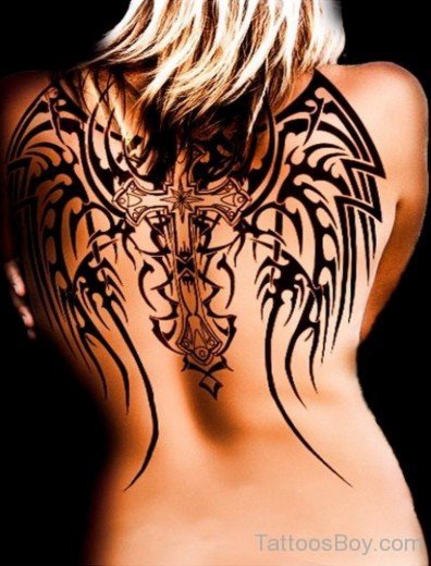 Wings And Cross Tattoo On Back-Tb12100