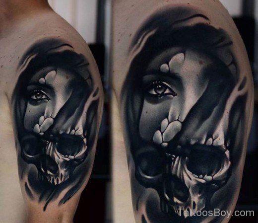 Woman And Skull Tattoo On Shoulder-TB141