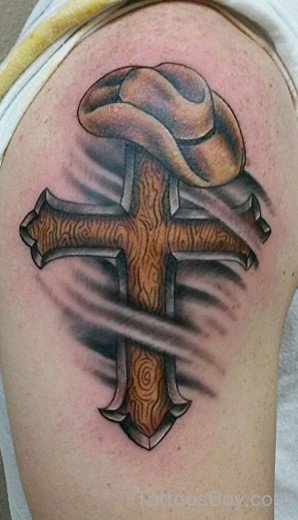 Wooden Cross Tattoo On Shoulder-TB12342