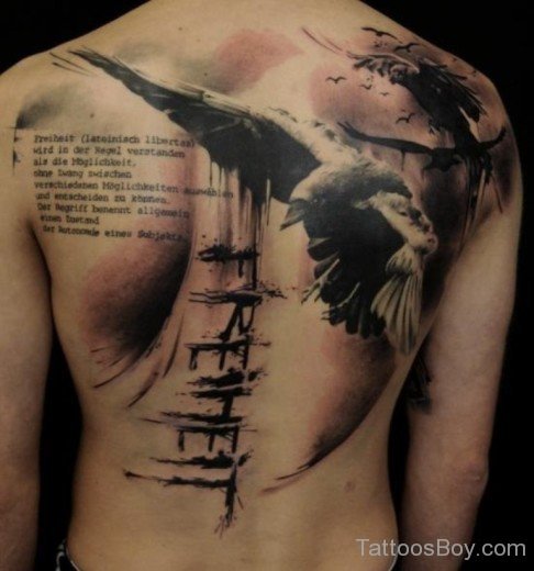 Wording And Crow Tattoo On Back-TB1150