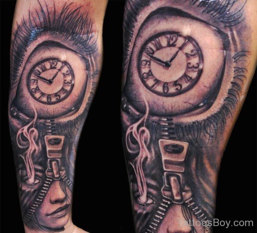 Zipper Girl And Clock Tattoo On Arm-Tb12169