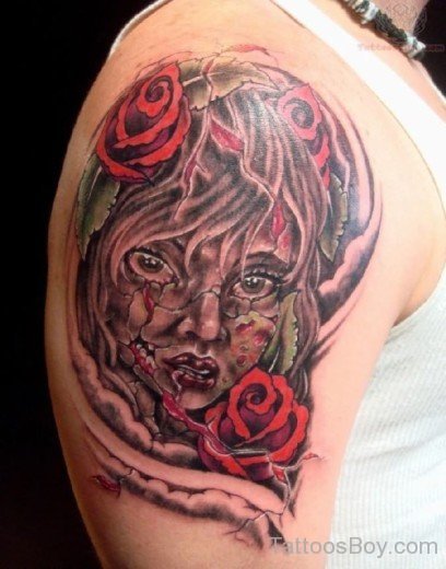 Zombie Girl Head With Red Roses Tattoo--TB181