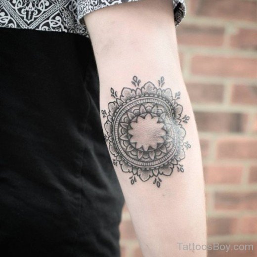 ack And Grey Mandala Flowers Tattoo On Elbow-TB101