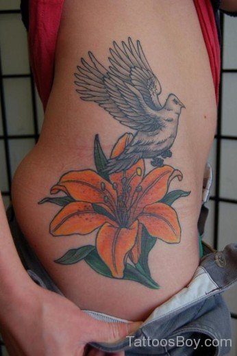Bird And Lily Tattoo On Waist-TB12017