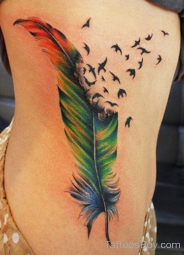 Birds And Feather Tattoo On Rib-TB1014