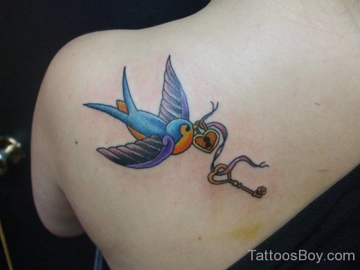 Blue Bird And  Key Tattoo On Back-TB1020