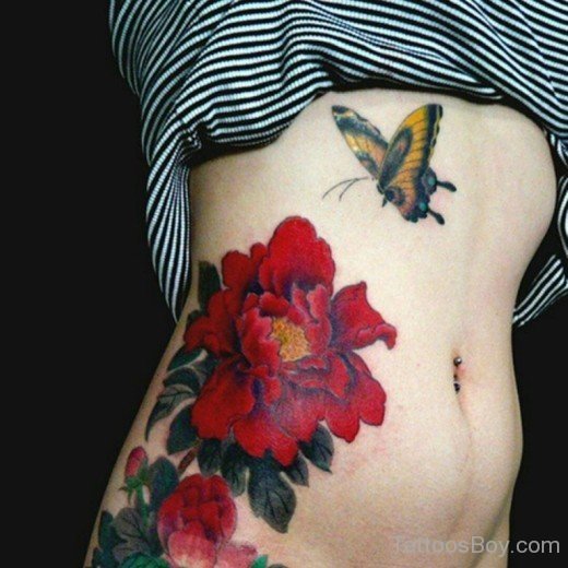 Butterfly And Flower Tattoo On Rib-TB12028