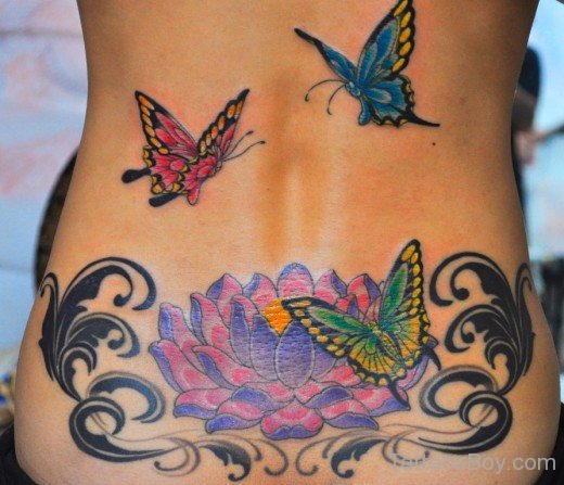 Butterfly And Hibiscus Flower Tattoo On Lower Back-TB12029