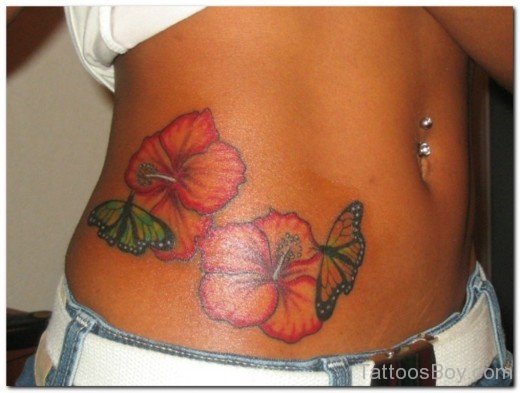 Butterfly And Hibiscus Tattoo On Stomach-TB12030