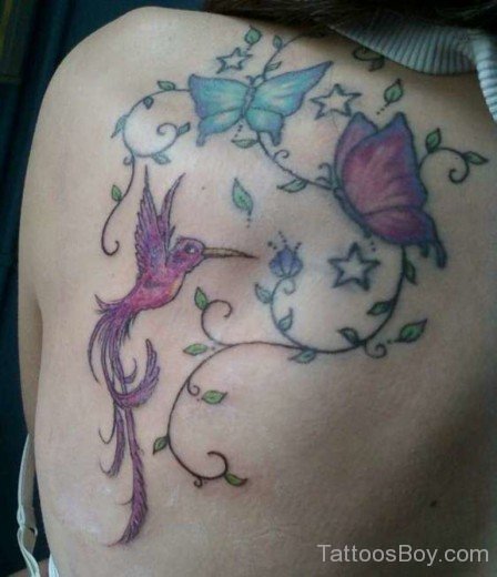 Butterfly And Hummingbird Tattoo On Back-TB1032